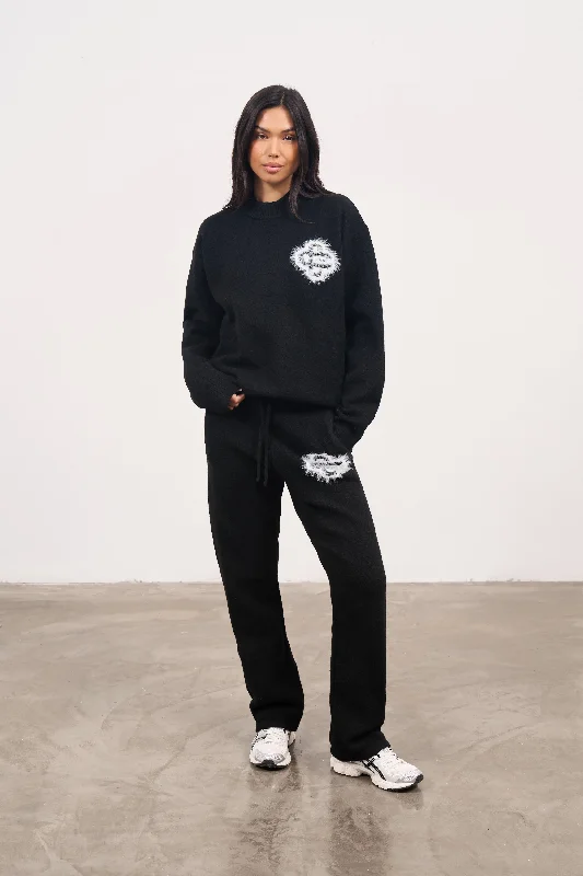 FLUFFY EMBLEM KNITTED CREW - BLACK