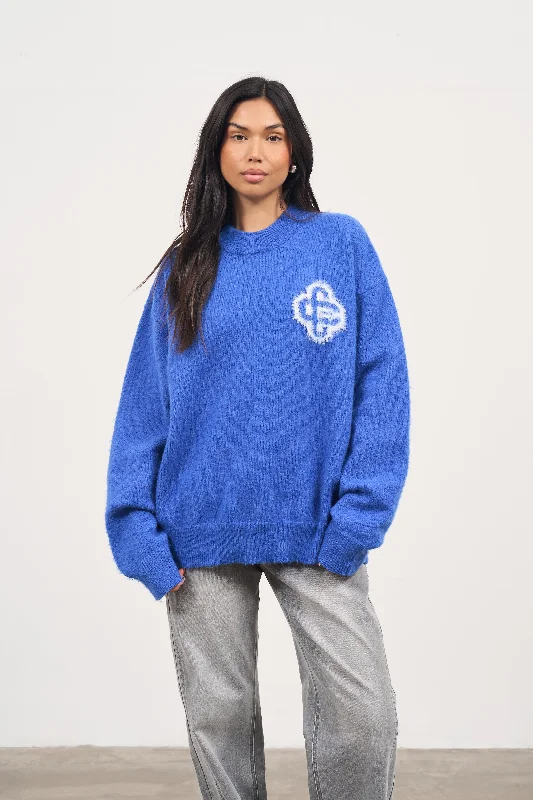 FLUFFY EMBLEM KNITTED CREW - COBALT