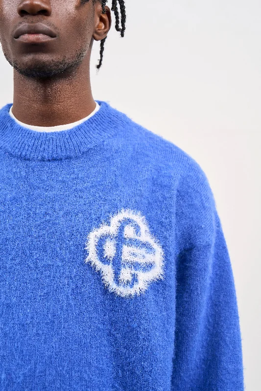 FLUFFY EMBLEM KNITTED CREW - COBALT