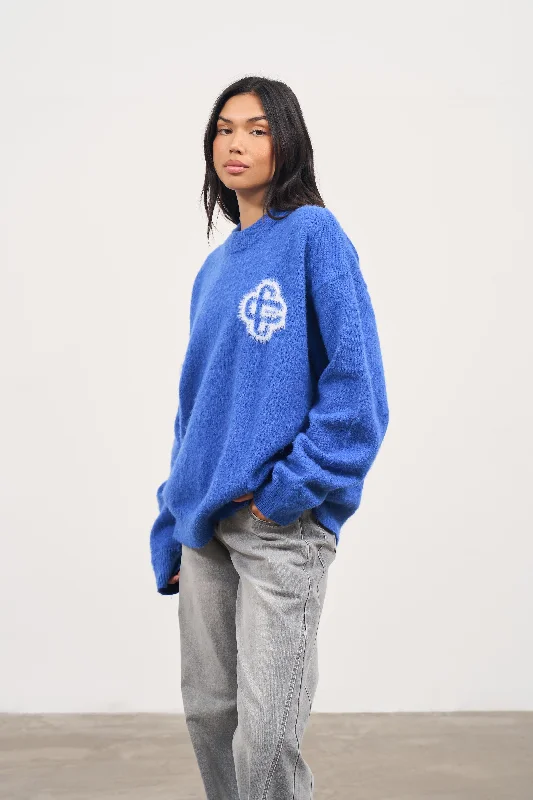 FLUFFY EMBLEM KNITTED CREW - COBALT