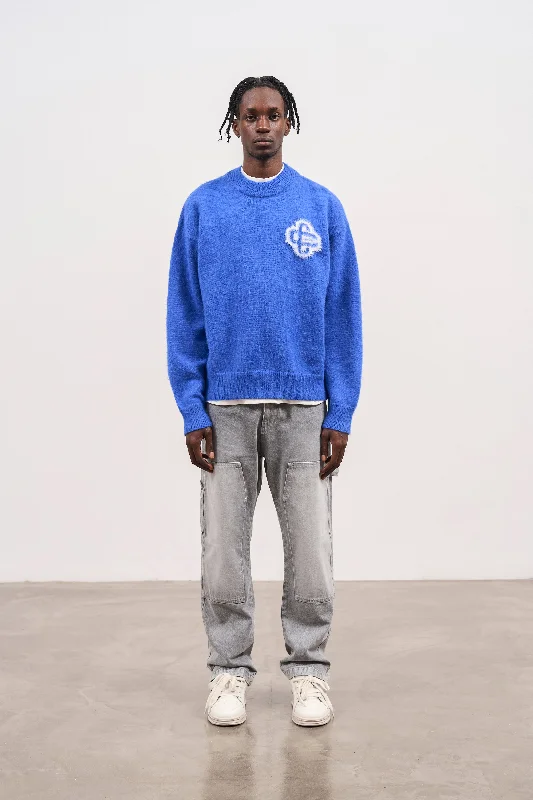 FLUFFY EMBLEM KNITTED CREW - COBALT