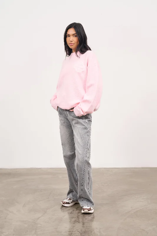 FLUFFY EMBLEM KNITTED CREW - PINK