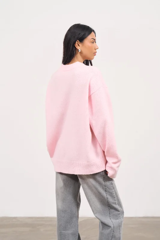 FLUFFY EMBLEM KNITTED CREW - PINK