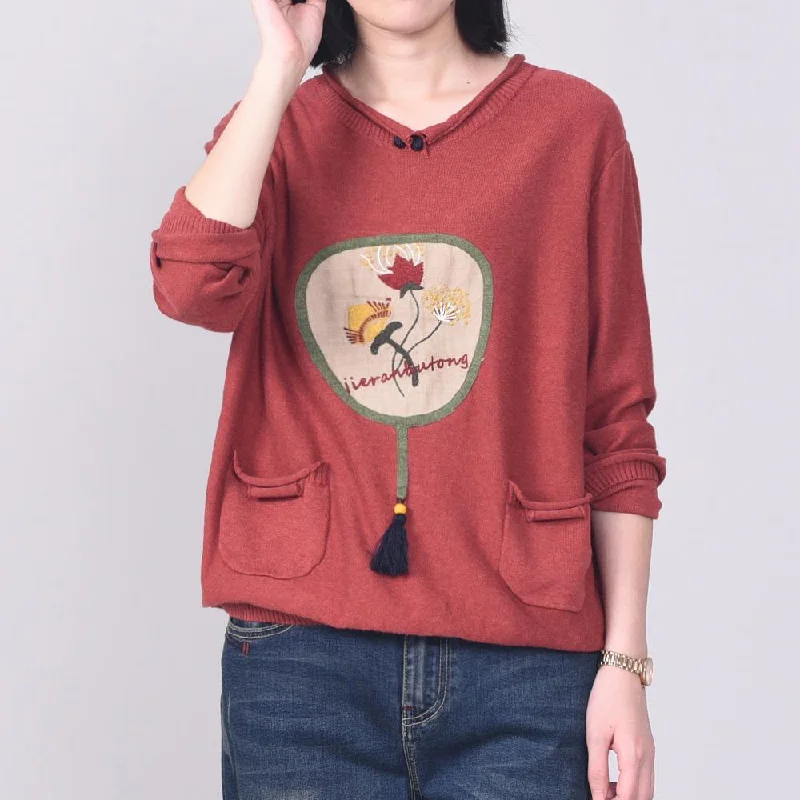 For Work green embroidery knitted pullover oversize v neckknit topspockets