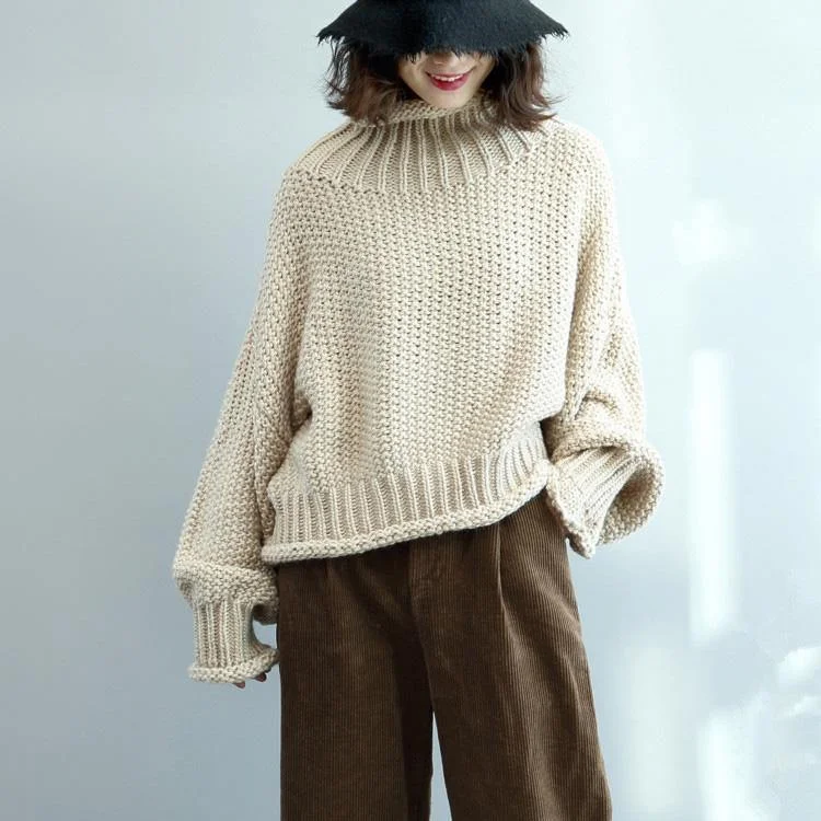 For Work high neck Sweater weather Upcycle beige Big knit tops fall