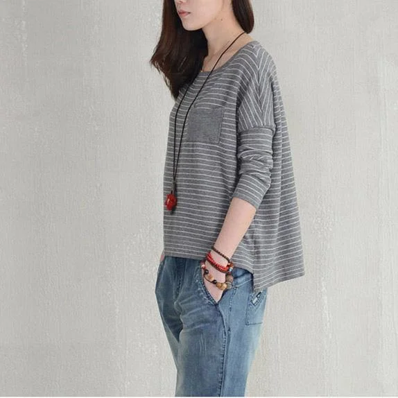 For Work o neck Blouse plus size striped long sleeve sweaters light gray