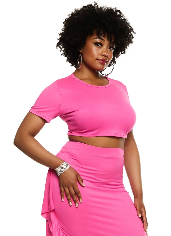 Plus Size Crew Neck Cropped T Shirt