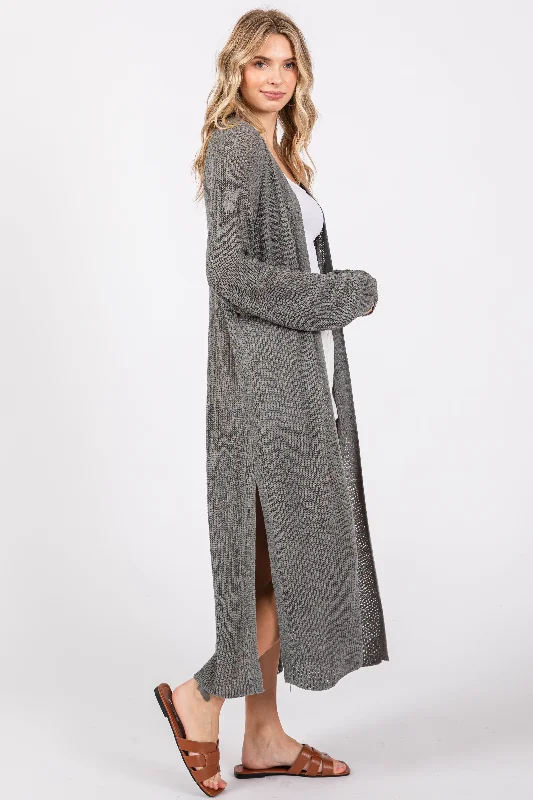 Gray Knit Side Slit Long Cardigan