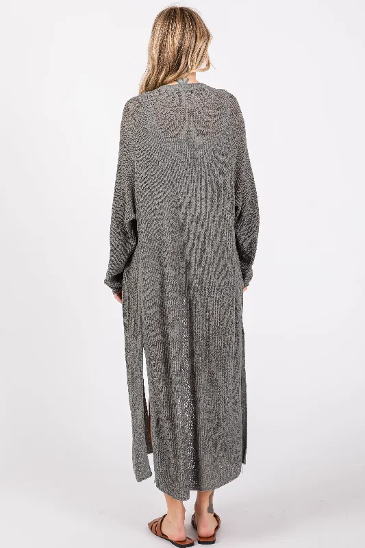 Gray Knit Side Slit Long Cardigan