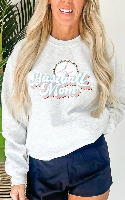 Heather Grey Leopard Baseball Mom Graphic Crewneck Sweatshirt