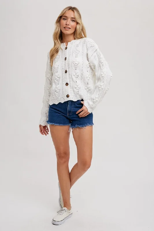 Ivory Scallop Hem Sweater Knit Cardigan