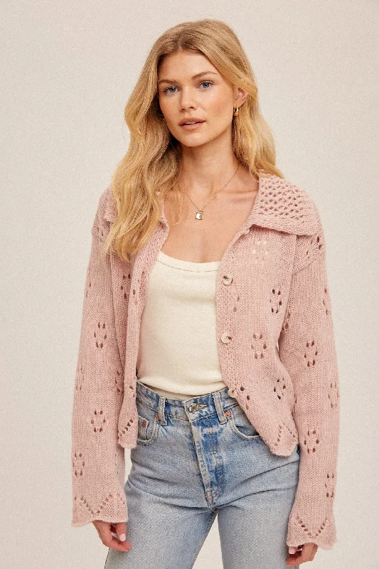 Light Pink Pointelle Collared Button Down Sweater Cardigan