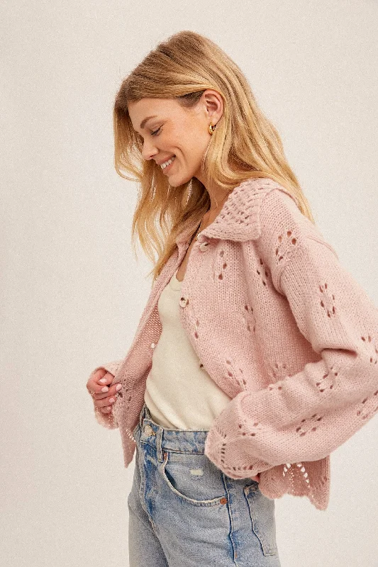 Light Pink Pointelle Collared Button Down Sweater Cardigan