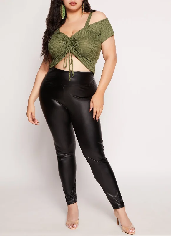 Plus Size Ribbed Knit Ruched Cold Shoulder Top