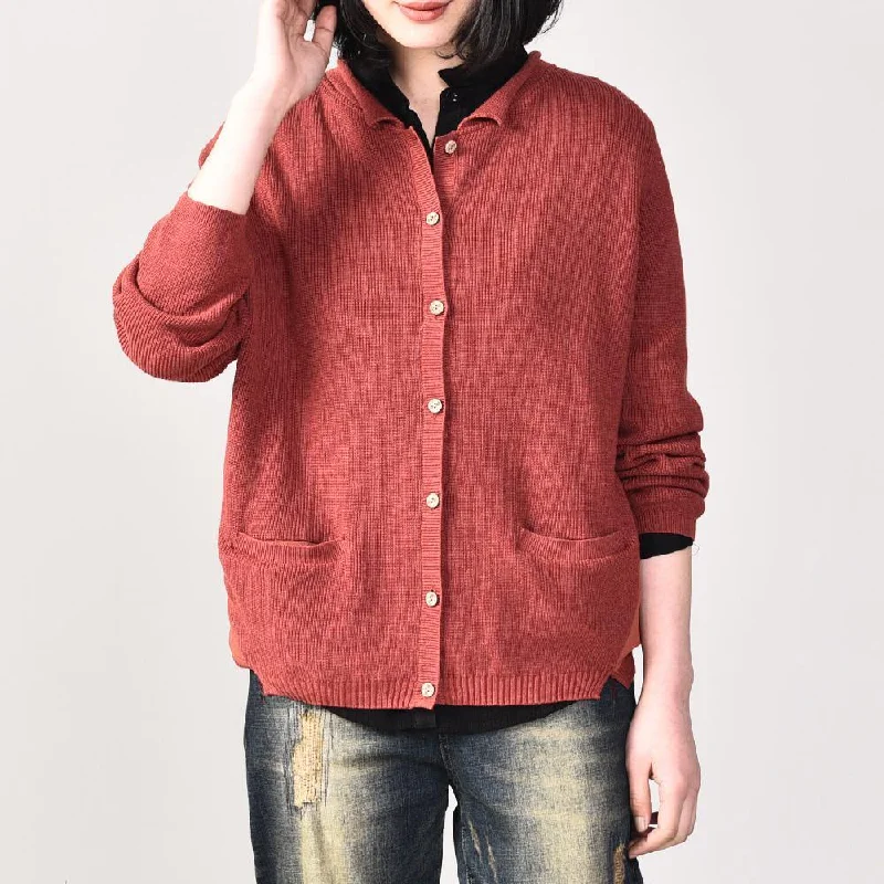 Oversized red single-one knit blouse plus size v neck knit sweat tops pockets