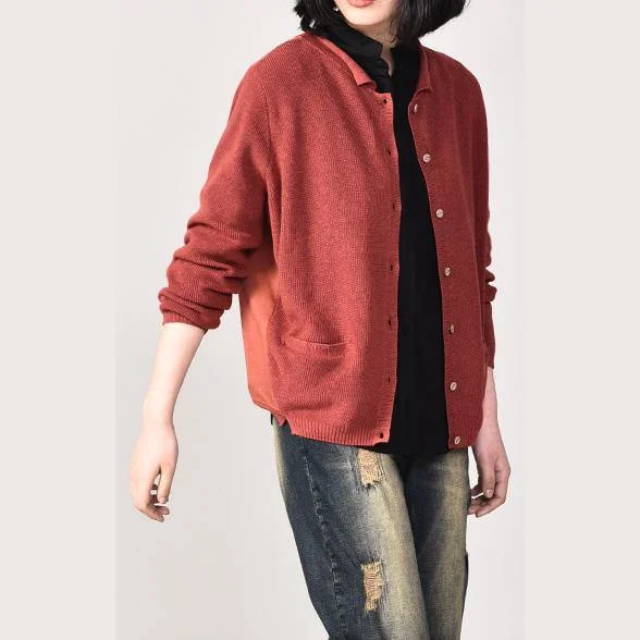 Oversized red single-one knit blouse plus size v neck knit sweat tops pockets