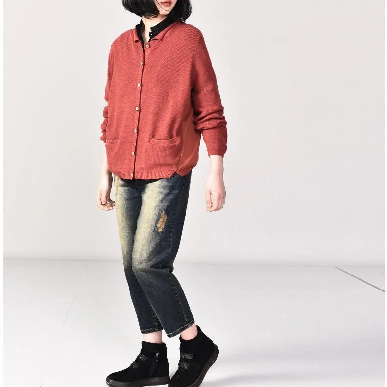 Oversized red single-one knit blouse plus size v neck knit sweat tops pockets