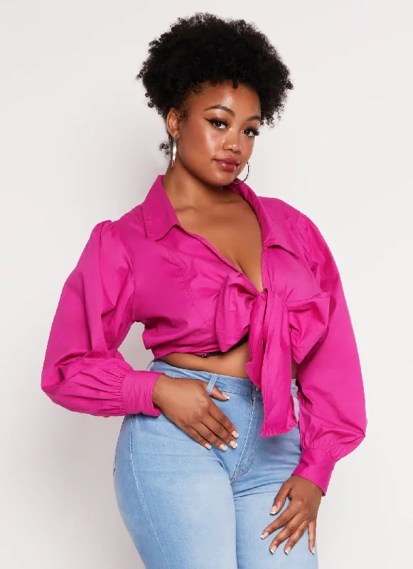 Plus Size Collared Tie Front Crop Top