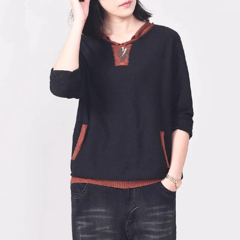 Pullover patchwork o neck sweater tops fall fashion black sweaters wild