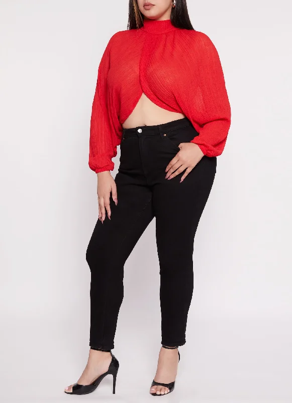 Plus Size Chiffon Mock Neck Long Sleeve Crop Top