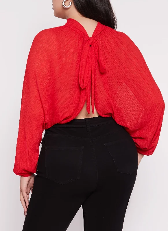 Plus Size Chiffon Mock Neck Long Sleeve Crop Top