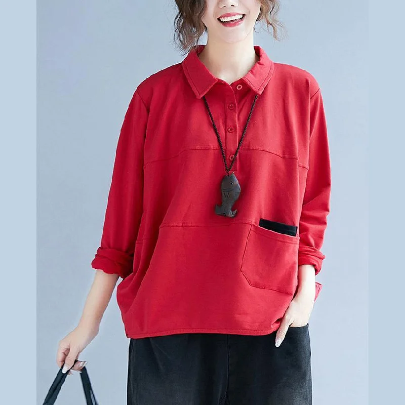 Style POLO collar cotton tunic pattern Sleeve red blouse patchwork