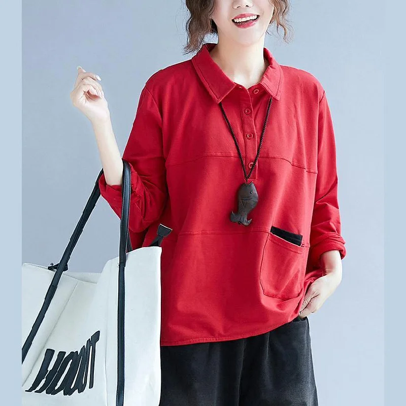 Style POLO collar cotton tunic pattern Sleeve red blouse patchwork