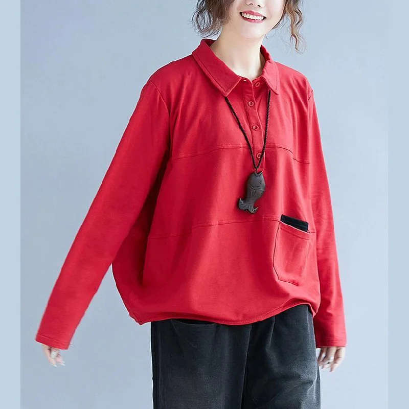 Style POLO collar cotton tunic pattern Sleeve red blouse patchwork