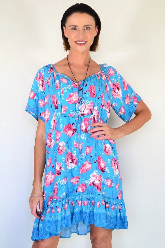 Turquoise Blue Floral Tunic Dress