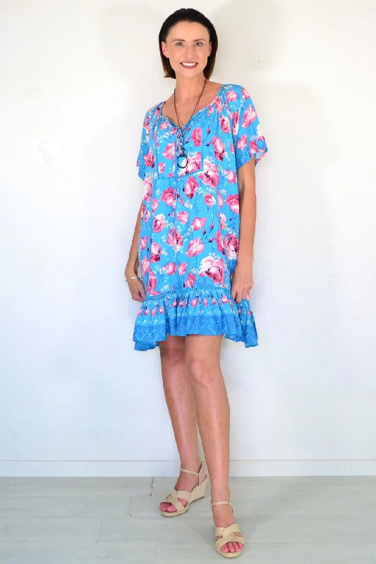 Turquoise Blue Floral Tunic Dress