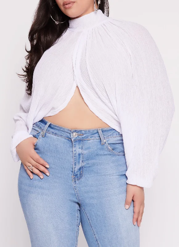 Plus Size Chiffon Mock Neck Long Sleeve Crop Top