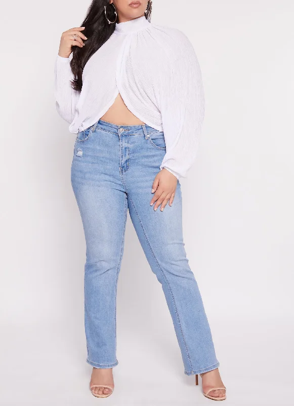 Plus Size Chiffon Mock Neck Long Sleeve Crop Top