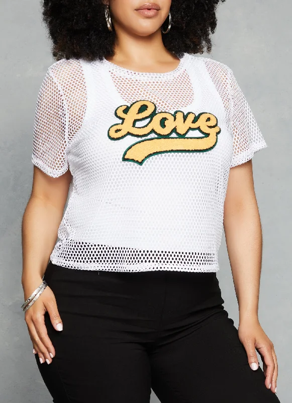 Plus Size Love Graphic Patch Fishnet Top