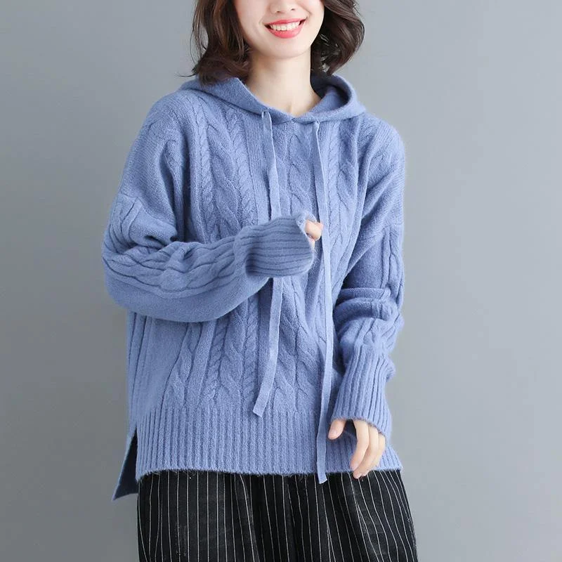 Winter side open knit blouse plus size hooded knitwear blue