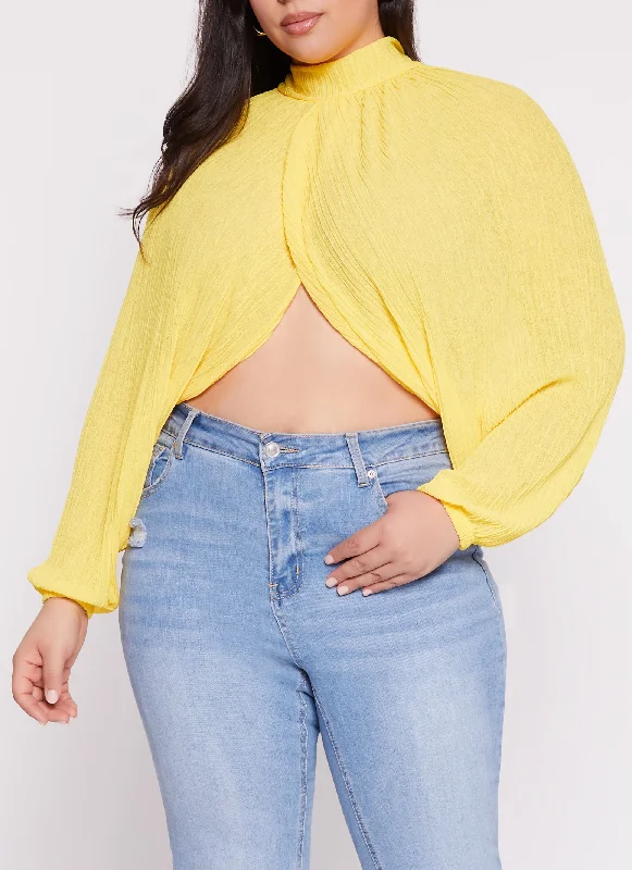 Plus Size Chiffon Mock Neck Long Sleeve Crop Top