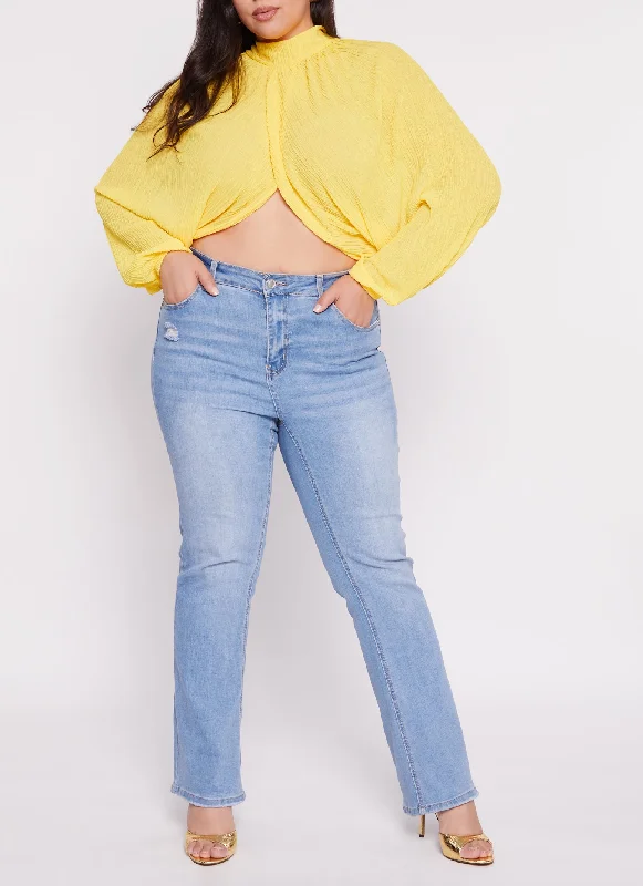 Plus Size Chiffon Mock Neck Long Sleeve Crop Top