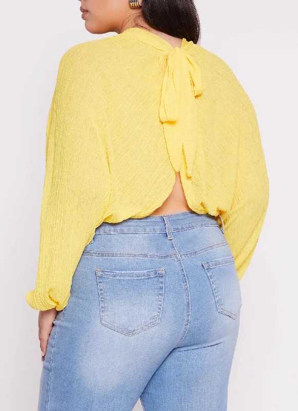 Plus Size Chiffon Mock Neck Long Sleeve Crop Top