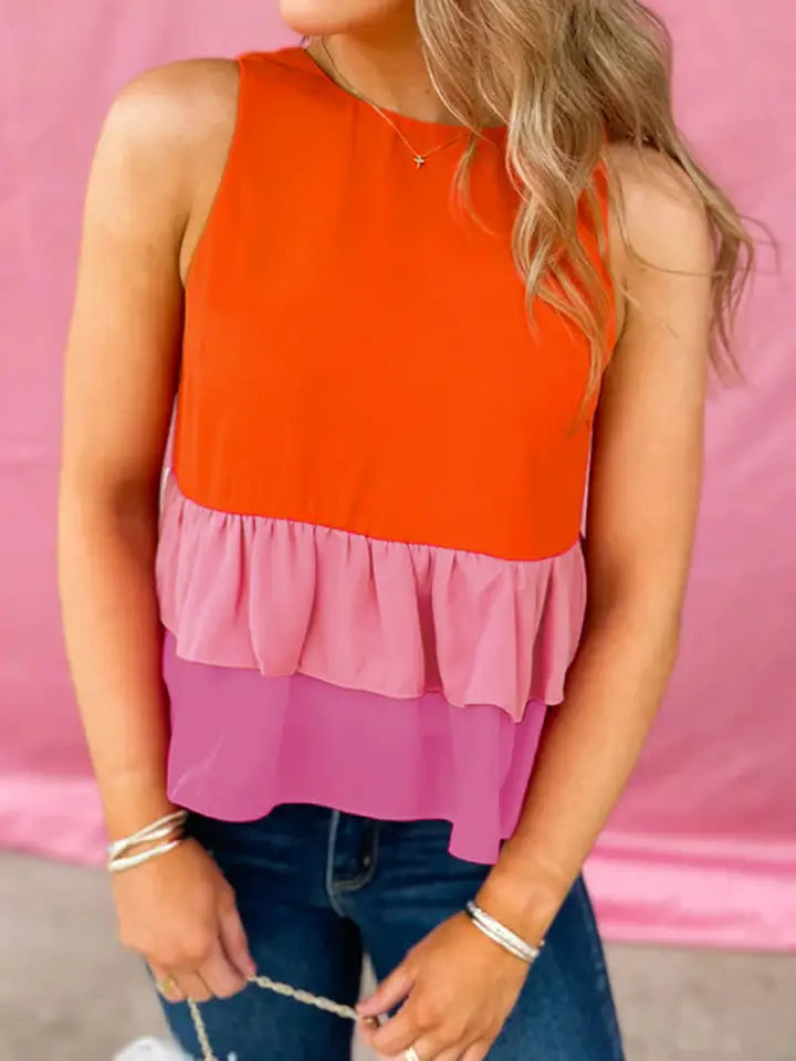 Women's Color Block Tiered Tank Top in Orange