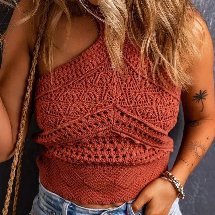 Women's Knit Crochet Backless Halter Top in Red Clay