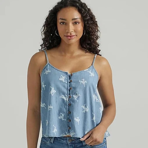 Wrangler Retro Women's Button Front Cowgirl Denim Cami in Chambray Blue