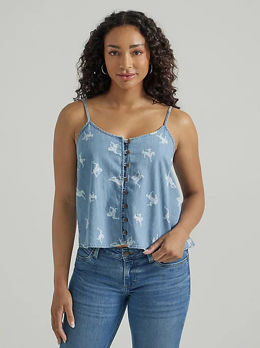 Wrangler Retro Women's Button Front Cowgirl Denim Cami in Chambray Blue