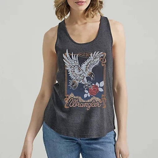 Wrangler Retro Women's Swooping Eagle Racerback Tank in Caviar Heather