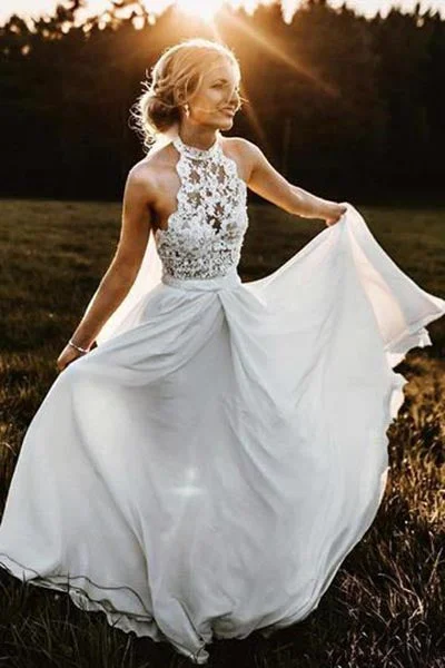 A Line Halter Sleeveless Chiffon Floor Length Beach Wedding Dresses