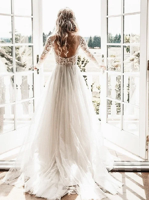 A-Line Sheer Bateau Backless Wedding Dress With Appliques Long Sleeves OW529