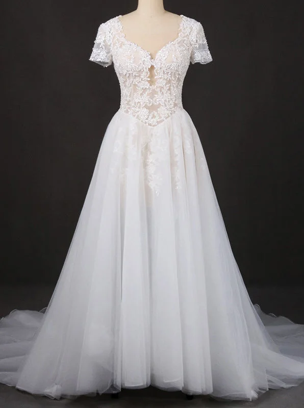 A-line Short Sleeves Lace Appliques Wedding Dress Keyhole Back Bridal Gown OW570