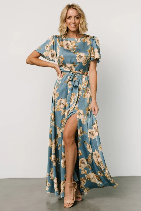 Agnes Satin Maxi Dress | Blue + Gold