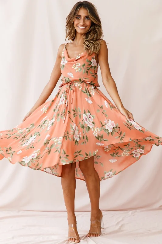 Ava Cowl Neck Drawstring Midi Dress Floral Print Peach