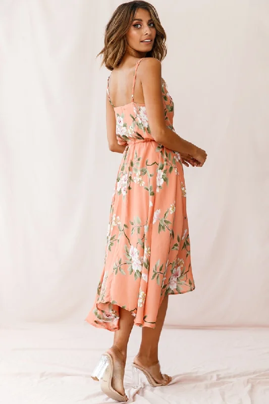 Ava Cowl Neck Drawstring Midi Dress Floral Print Peach