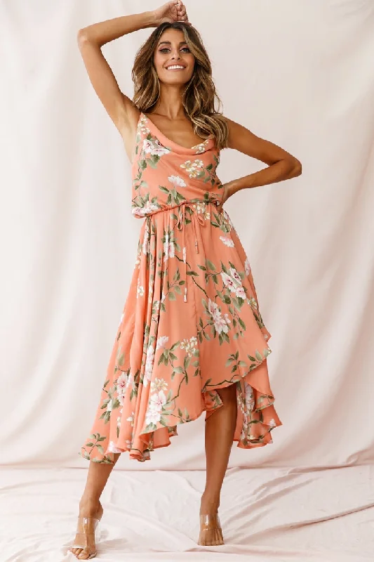 Ava Cowl Neck Drawstring Midi Dress Floral Print Peach