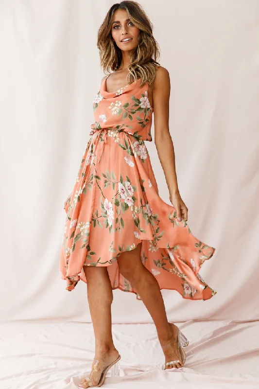 Ava Cowl Neck Drawstring Midi Dress Floral Print Peach